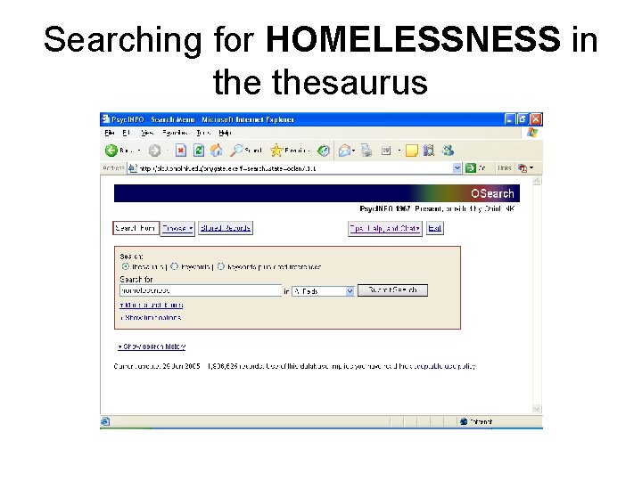 Searching for HOMELESSNESS in thesaurus 