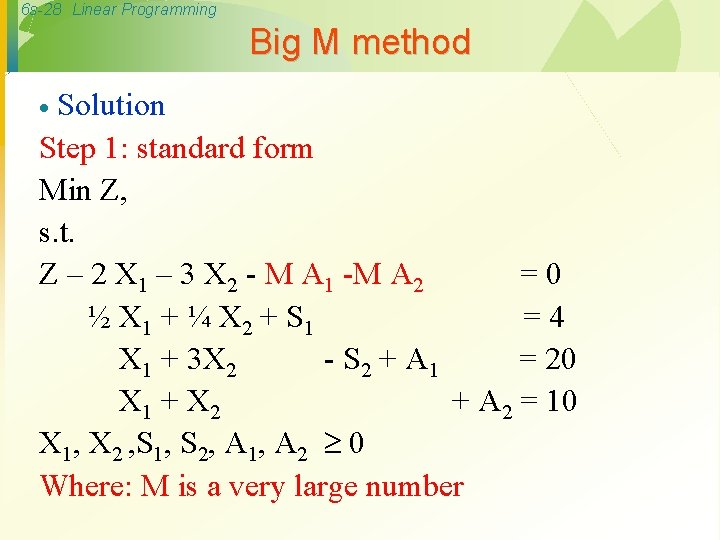6 s-28 Linear Programming Big M method Solution Step 1: standard form Min Z,