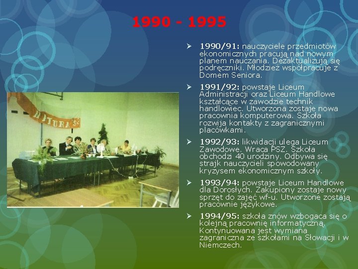 1990 - 1995 Ø 1990/91: nauczyciele przedmiotów ekonomicznych pracują nad nowym planem nauczania. Dezaktualizują