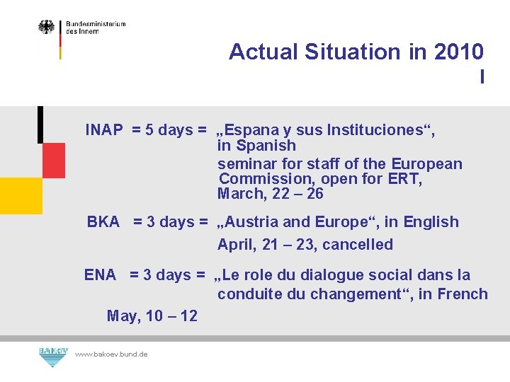 Actual Situation in 2010 I INAP = 5 days = „Espana y sus Instituciones“,