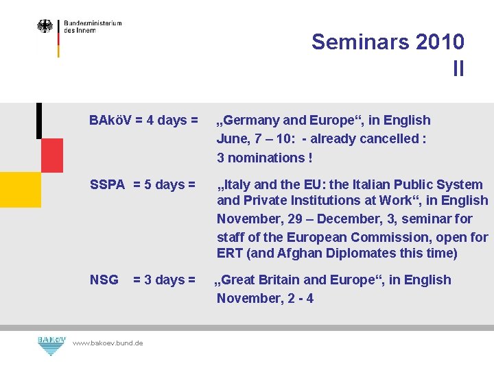 Seminars 2010 II BAköV = 4 days = „Germany and Europe“, in English June,