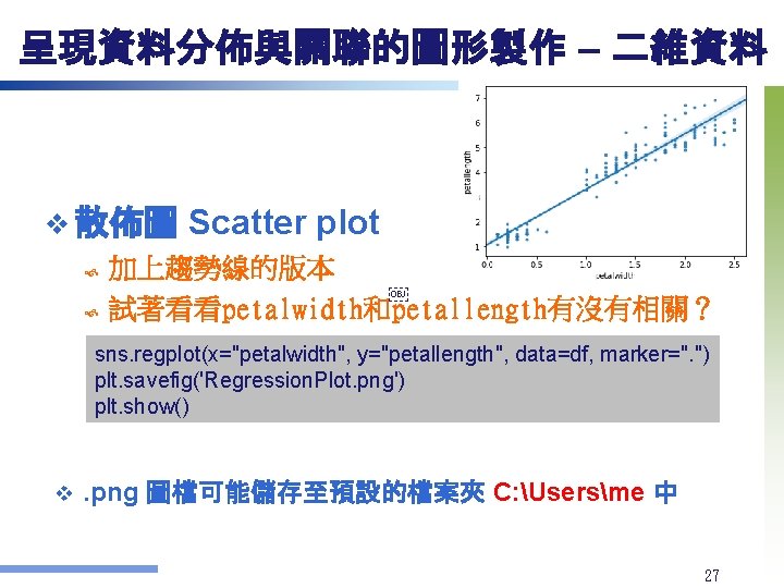 呈現資料分佈與關聯的圖形製作 – 二維資料 v 散佈圖 Scatter plot 加上趨勢線的版本 ￼ 試著看看petalwidth和petallength有沒有相關？ sns. regplot(x="petalwidth", y="petallength", data=df,