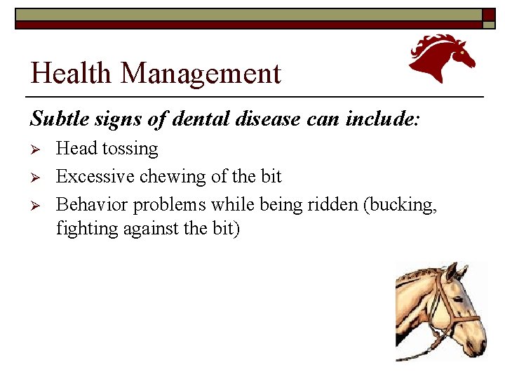 Health Management Subtle signs of dental disease can include: Ø Ø Ø Head tossing