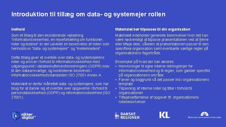 Introduktion tillæg om data- og systemejer rollen Indhold Materialet bør tilpasses til din organisation