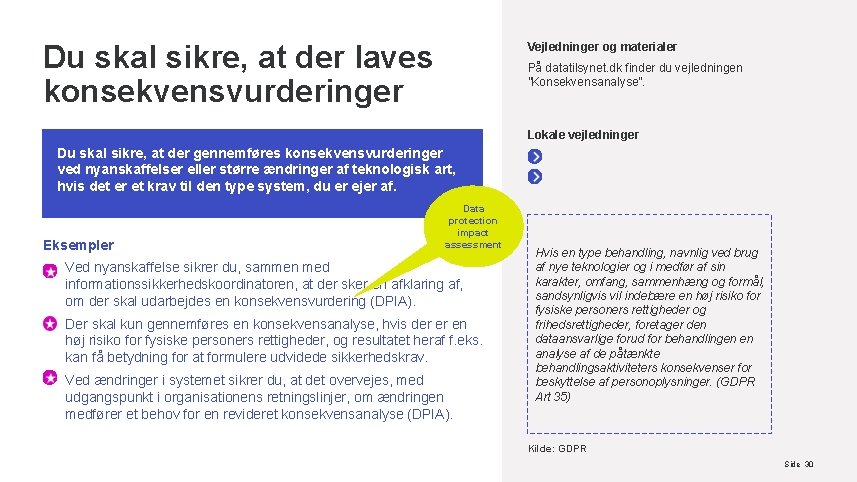 Du skal sikre, at der laves konsekvensvurderinger Vejledninger og materialer På datatilsynet. dk finder