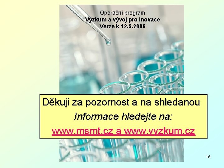 Operační program Výzkum a vývoj pro inovace Verze k 12. 5. 2006 Děkuji za