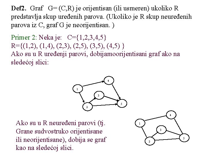 Def 2. Graf G= (C, R) je orijentisan (ili usmeren) ukoliko R predstavlja skup