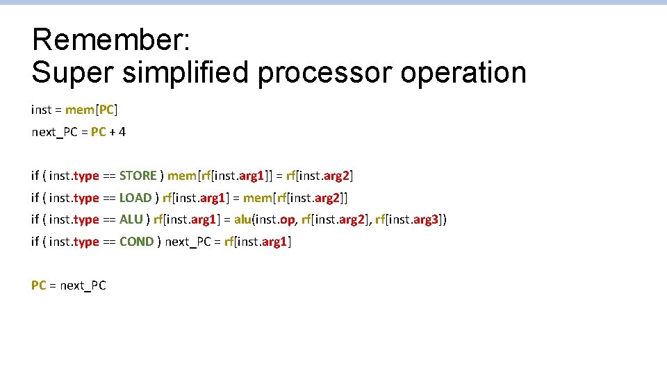 Remember: Super simplified processor operation inst = mem[PC] next_PC = PC + 4 if