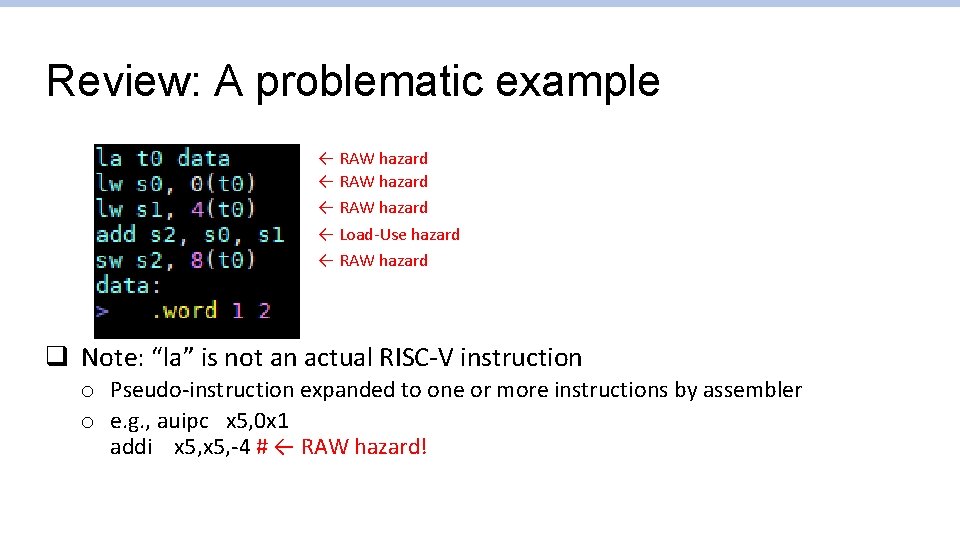 Review: A problematic example ← RAW hazard ← Load-Use hazard ← RAW hazard q