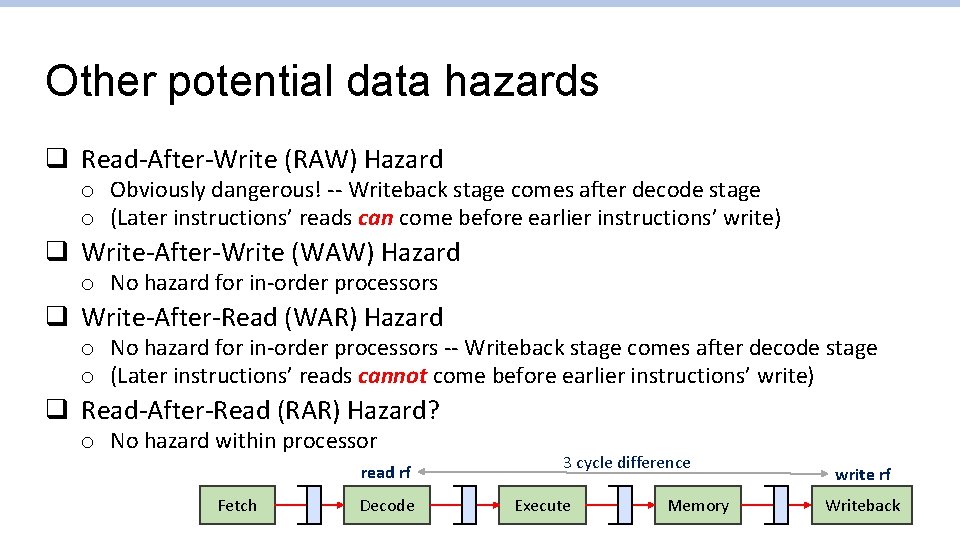 Other potential data hazards q Read-After-Write (RAW) Hazard o Obviously dangerous! -- Writeback stage