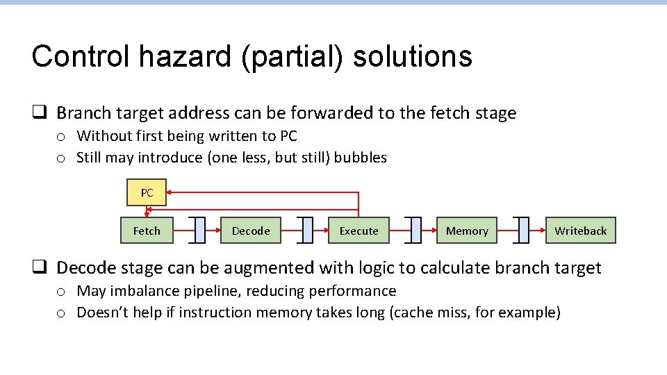 Control hazard (partial) solutions q Branch target address can be forwarded to the fetch