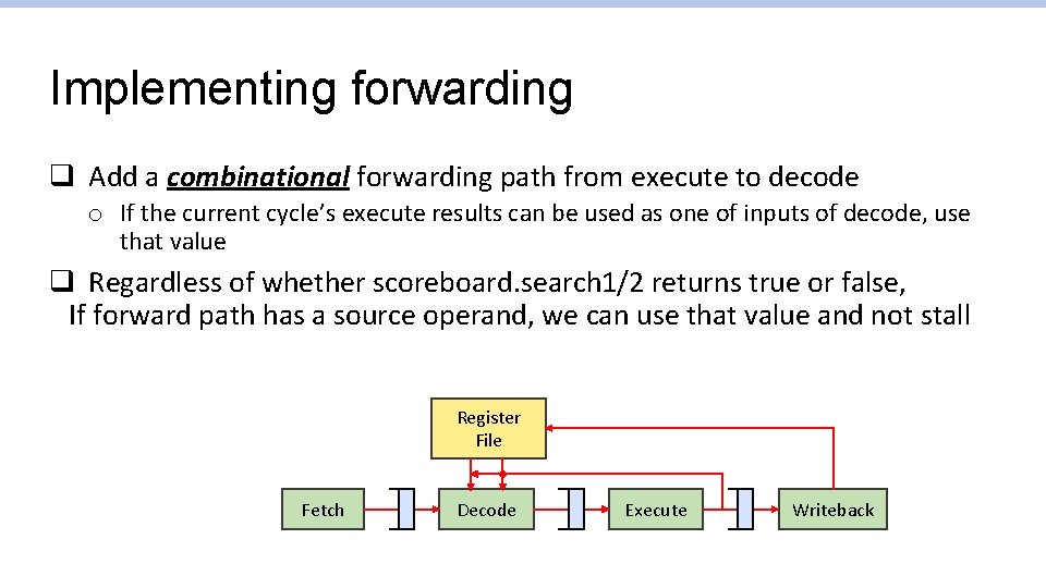 Implementing forwarding q Add a combinational forwarding path from execute to decode o If