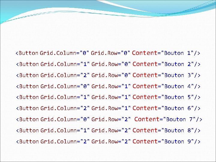 <Button Grid. Column="0" Grid. Row="0" Content="Bouton 1"/> <Button Grid. Column="1" Grid. Row="0" Content="Bouton 2"/>