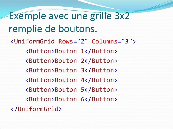 Exemple avec une grille 3 x 2 remplie de boutons. <Uniform. Grid Rows="2" Columns="3">