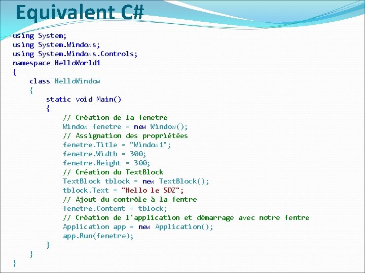 Equivalent C# using System; using System. Windows. Controls; namespace Hello. World 1 { class