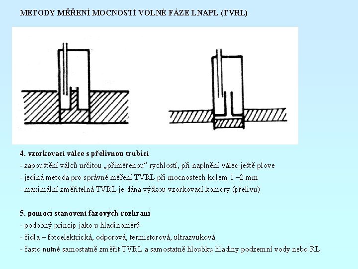 METODY MĚŘENÍ MOCNOSTÍ VOLNÉ FÁZE LNAPL (TVRL) 1. ponoření tyčí 2. vzorkovací válce -