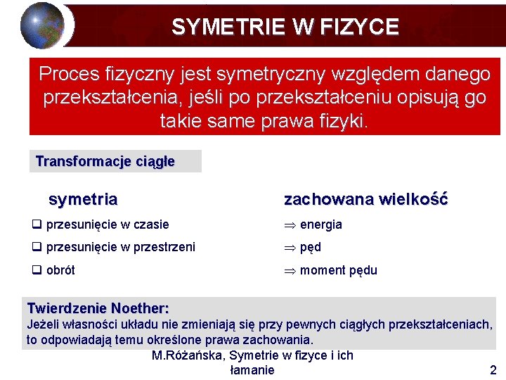 SYMETRIE W FIZYCE Proces fizyczny jest symetryczny względem danego przekształcenia, jeśli po przekształceniu opisują