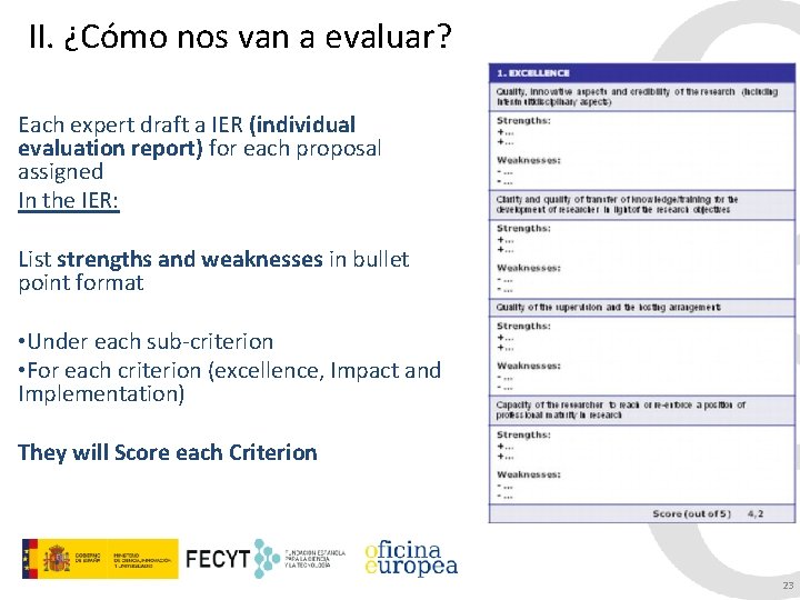 II. ¿Cómo nos van a evaluar? Each expert draft a IER (individual evaluation report)