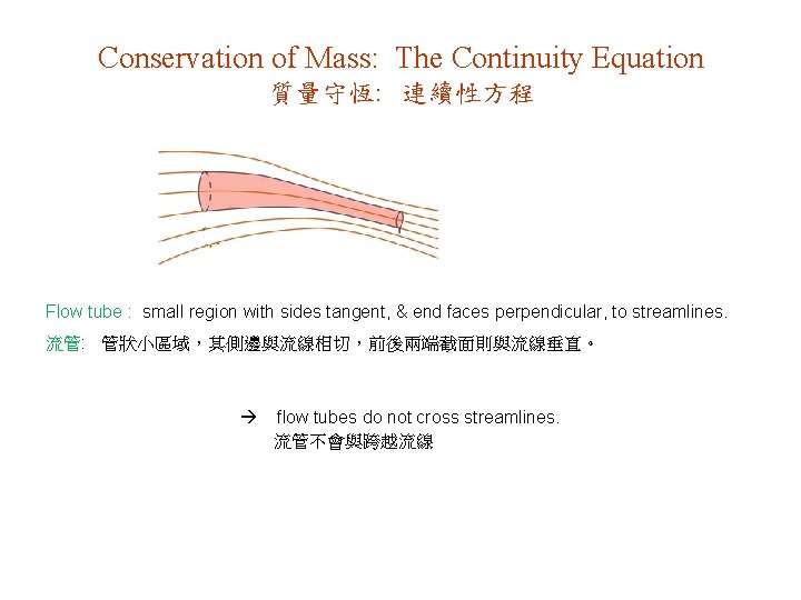 Conservation of Mass: The Continuity Equation 質量守恆: 連續性方程 Flow tube : small region with