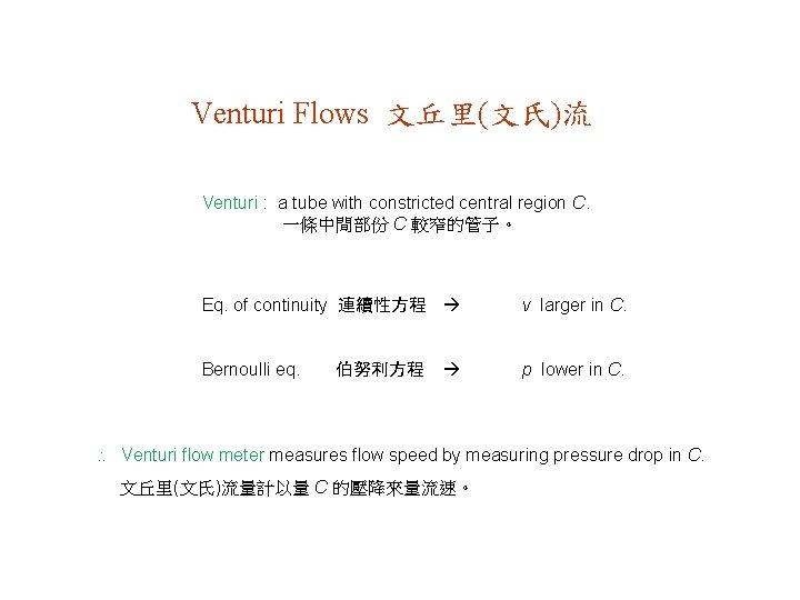 Venturi Flows 文丘里(文氏)流 Venturi : a tube with constricted central region C. 一條中間部份 C