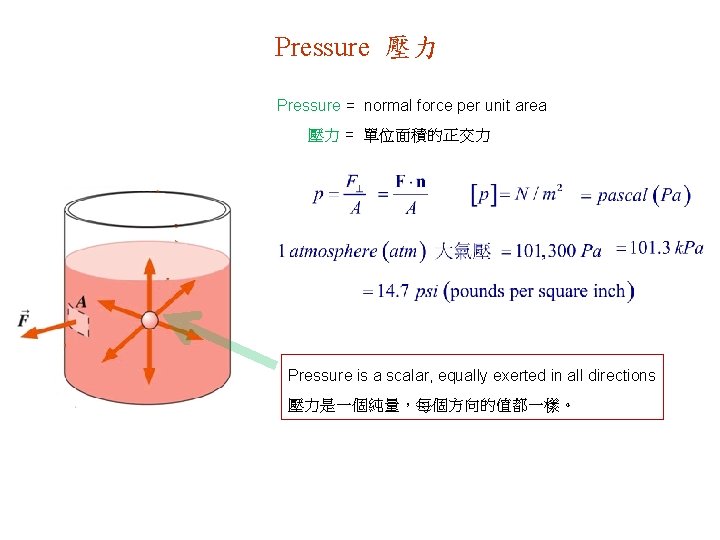 Pressure 壓力 Pressure = normal force per unit area 壓力 = 單位面積的正交力 Pressure is