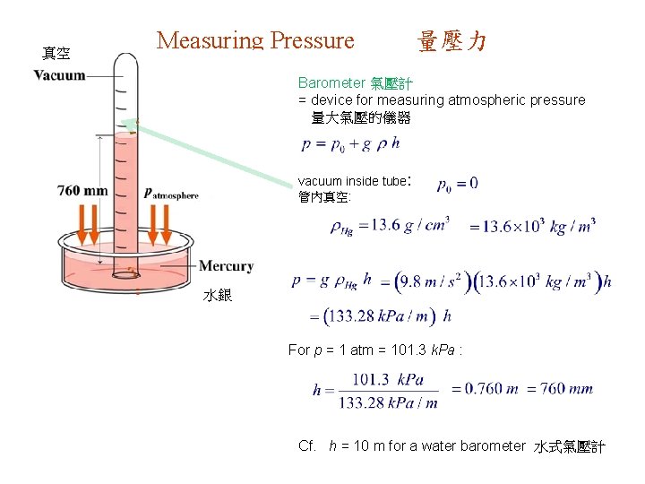 真空 Measuring Pressure 量壓力 Barometer 氣壓計 = device for measuring atmospheric pressure 量大氣壓的儀器 vacuum