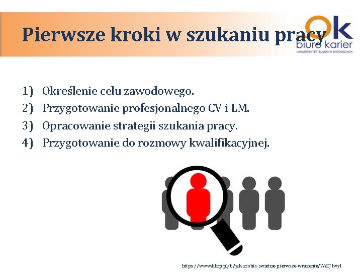 Pierwsze kroki w szukaniu pracy 1) 2) 3) 4) Określenie celu zawodowego. Przygotowanie profesjonalnego