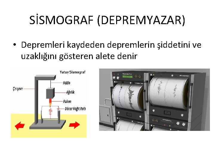 SİSMOGRAF (DEPREMYAZAR) • Depremleri kaydeden depremlerin şiddetini ve uzaklığını gösteren alete denir 