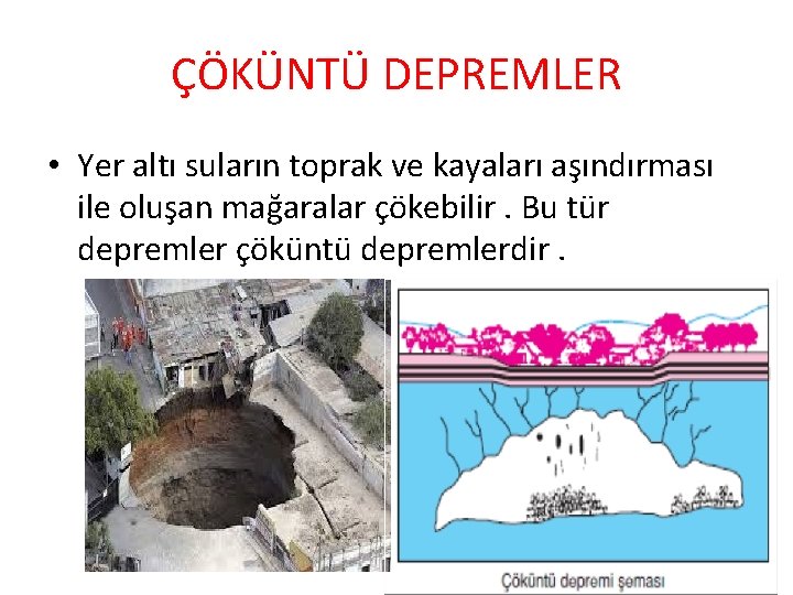 ÇÖKÜNTÜ DEPREMLER • Yer altı suların toprak ve kayaları aşındırması ile oluşan mağaralar çökebilir.