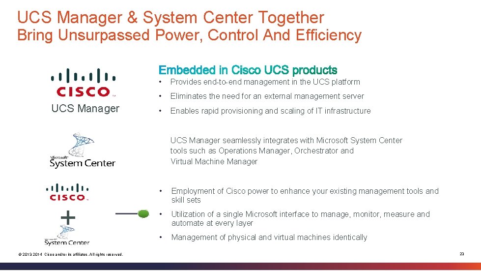 UCS Manager & System Center Together Bring Unsurpassed Power, Control And Efficiency UCS Manager
