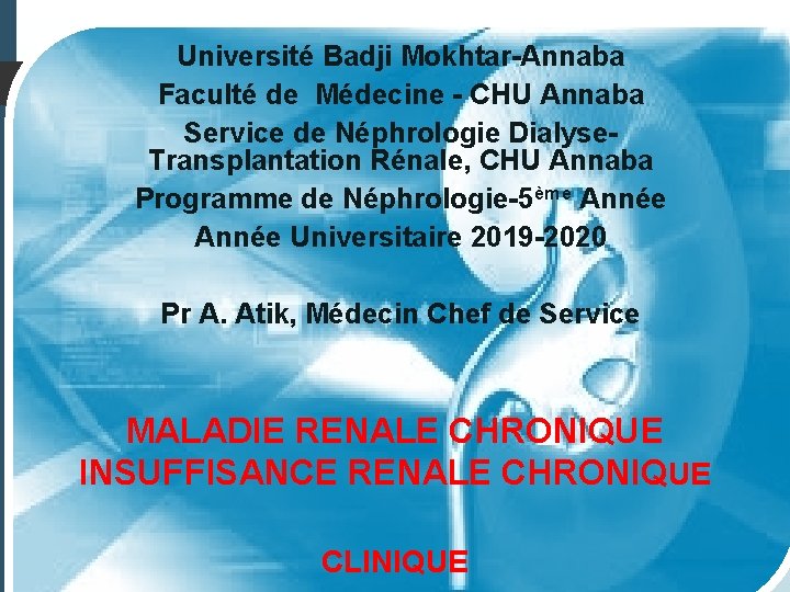 Université Badji Mokhtar-Annaba Faculté de Médecine - CHU Annaba Service de Néphrologie Dialyse. Transplantation