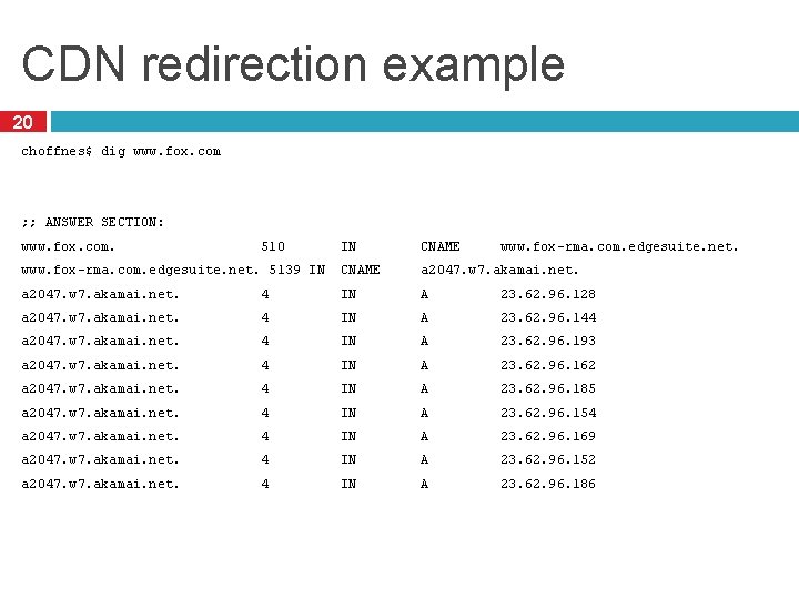 CDN redirection example 20 choffnes$ dig www. fox. com ; ; ANSWER SECTION: www.