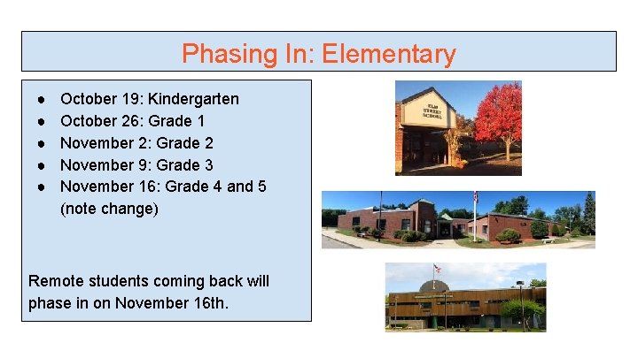 Phasing In: Elementary ● ● ● October 19: Kindergarten October 26: Grade 1 November