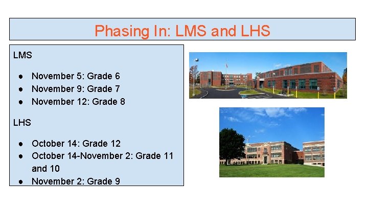 Phasing In: LMS and LHS LMS ● November 5: Grade 6 ● November 9: