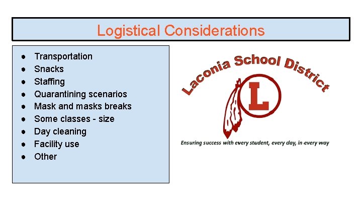 Logistical Considerations ● ● ● ● ● Transportation Snacks Staffing Quarantining scenarios Mask and