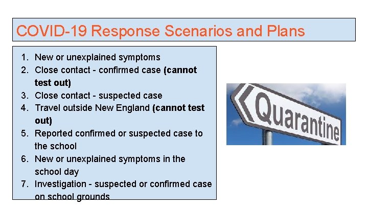 COVID-19 Response Scenarios and Plans 1. New or unexplained symptoms 2. Close contact -