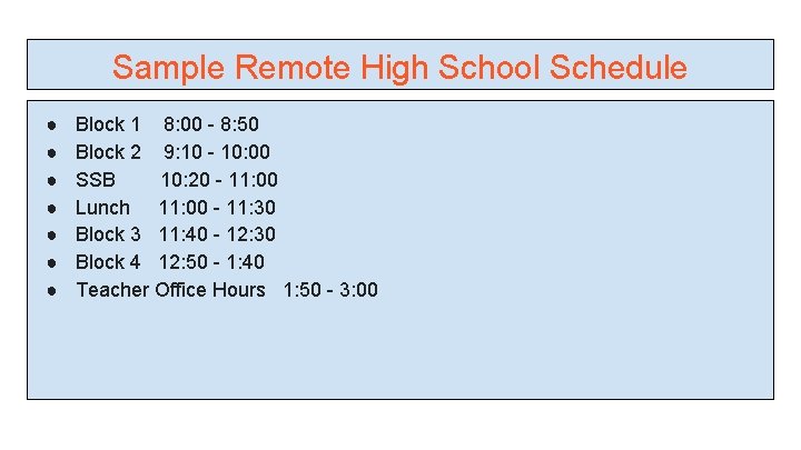 Sample Remote High School Schedule ● ● ● ● Block 1 8: 00 -