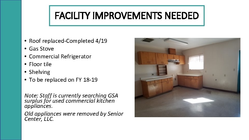 FACILITY IMPROVEMENTS NEEDED • • • Roof replaced-Completed 4/19 Gas Stove Commercial Refrigerator Floor