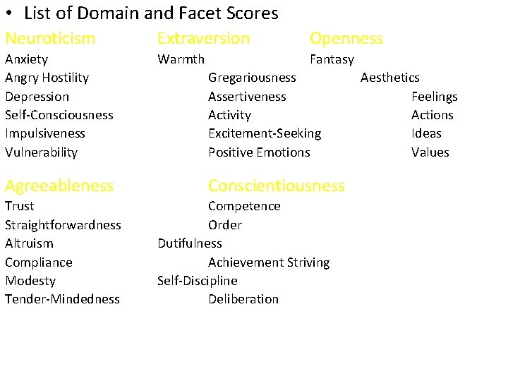  • List of Domain and Facet Scores Neuroticism Extraversion Openness Anxiety Angry Hostility
