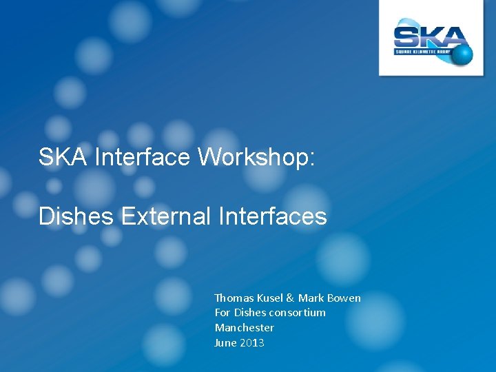 SKA Interface Workshop: Dishes External Interfaces Thomas Kusel & Mark Bowen For Dishes consortium