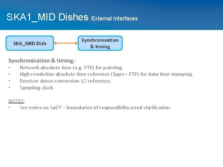 SKA 1_MID Dishes External Interfaces SKA_MID Dish Synchronisation & timing: • • Network absolute