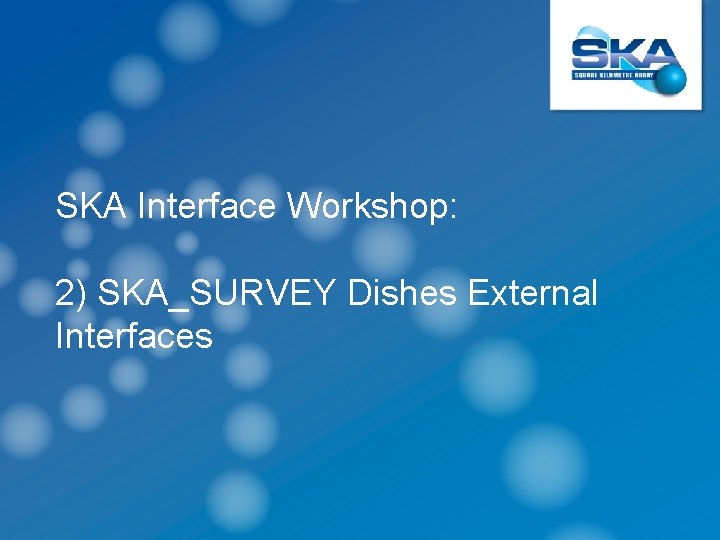 SKA Interface Workshop: 2) SKA_SURVEY Dishes External Interfaces 