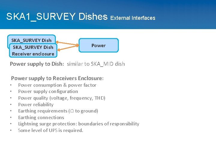 SKA 1_SURVEY Dishes External Interfaces SKA_SURVEY Dish Receiver enclosure Power supply to Dish: similar