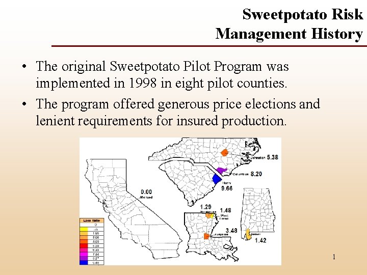 Sweetpotato Risk Management History • The original Sweetpotato Pilot Program was implemented in 1998