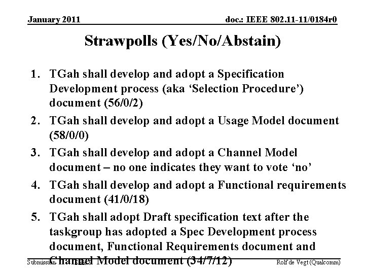 January 2011 doc. : IEEE 802. 11 -11/0184 r 0 Strawpolls (Yes/No/Abstain) 1. TGah