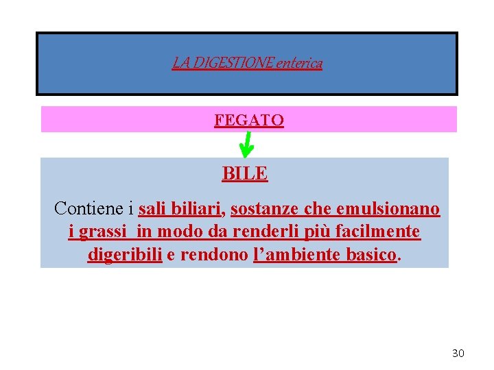 LA DIGESTIONE enterica FEGATO BILE Contiene i sali biliari, sostanze che emulsionano i grassi