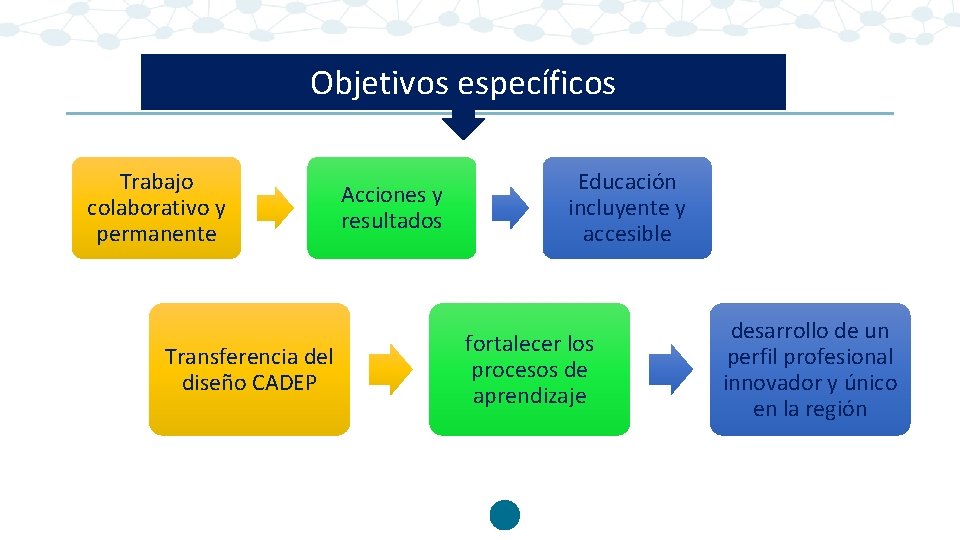 Objetivos específicos Trabajo colaborativo y permanente Transferencia del diseño CADEP Acciones y resultados Educación