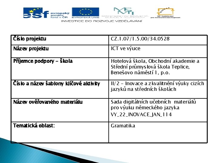 Číslo projektu CZ. 1. 07/1. 5. 00/34. 0528 Název projektu ICT ve výuce Příjemce