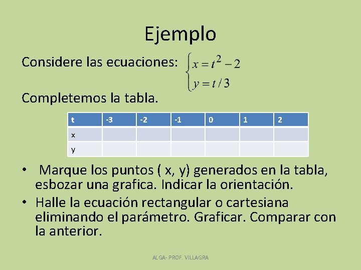 Ejemplo Considere las ecuaciones: Completemos la tabla. t -3 -2 -1 0 1 2