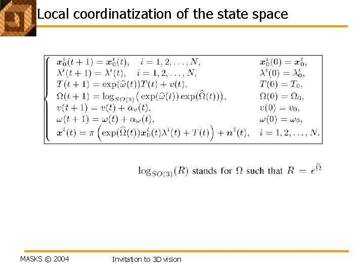 Local coordinatization of the state space MASKS © 2004 Invitation to 3 D vision Local coordinatization of the state space MASKS © 2004 Invitation to 3 D vision